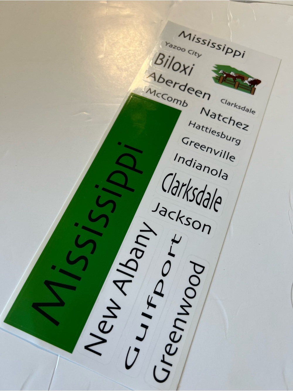 Mississippi Cities Travel Sticker Sheet - Green and White